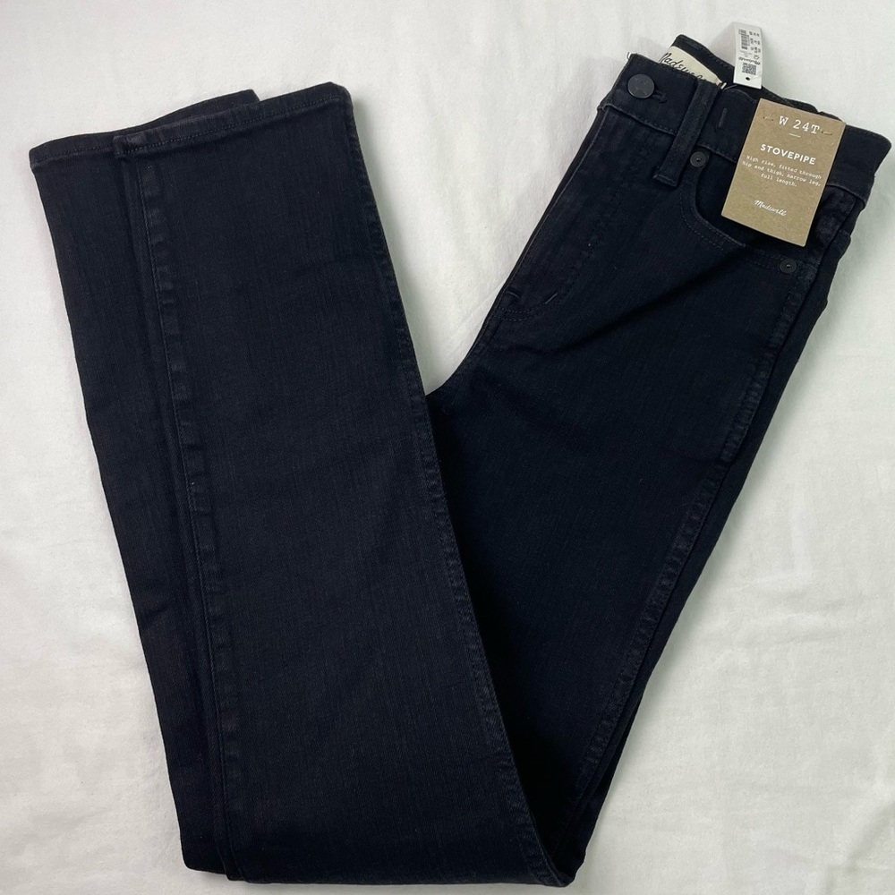 NWT Madewell Womens Stovepipe Jeans High Rise Slim Straight Legs Black Size 24 T